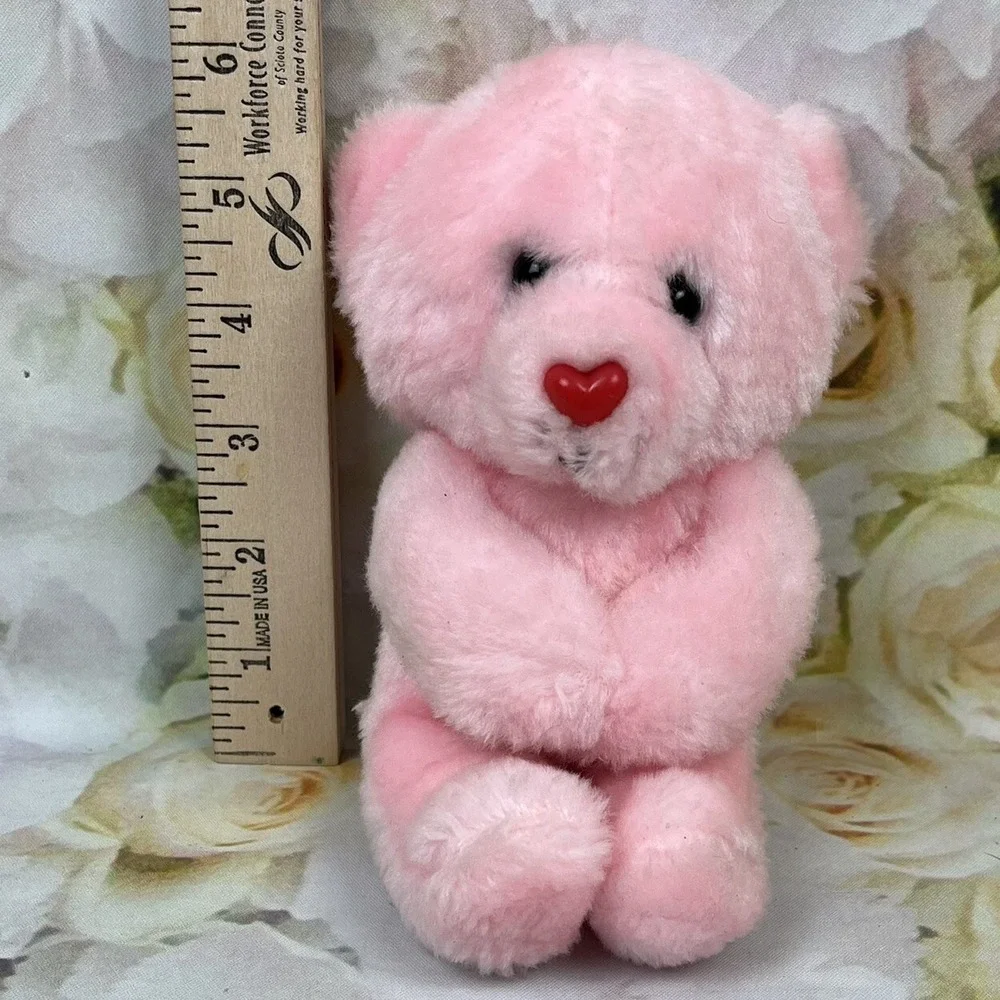PINK Teddy BEAR 1987 Dan Dee Imports Red Heart Nose Plush Stuffed Animal Sitting